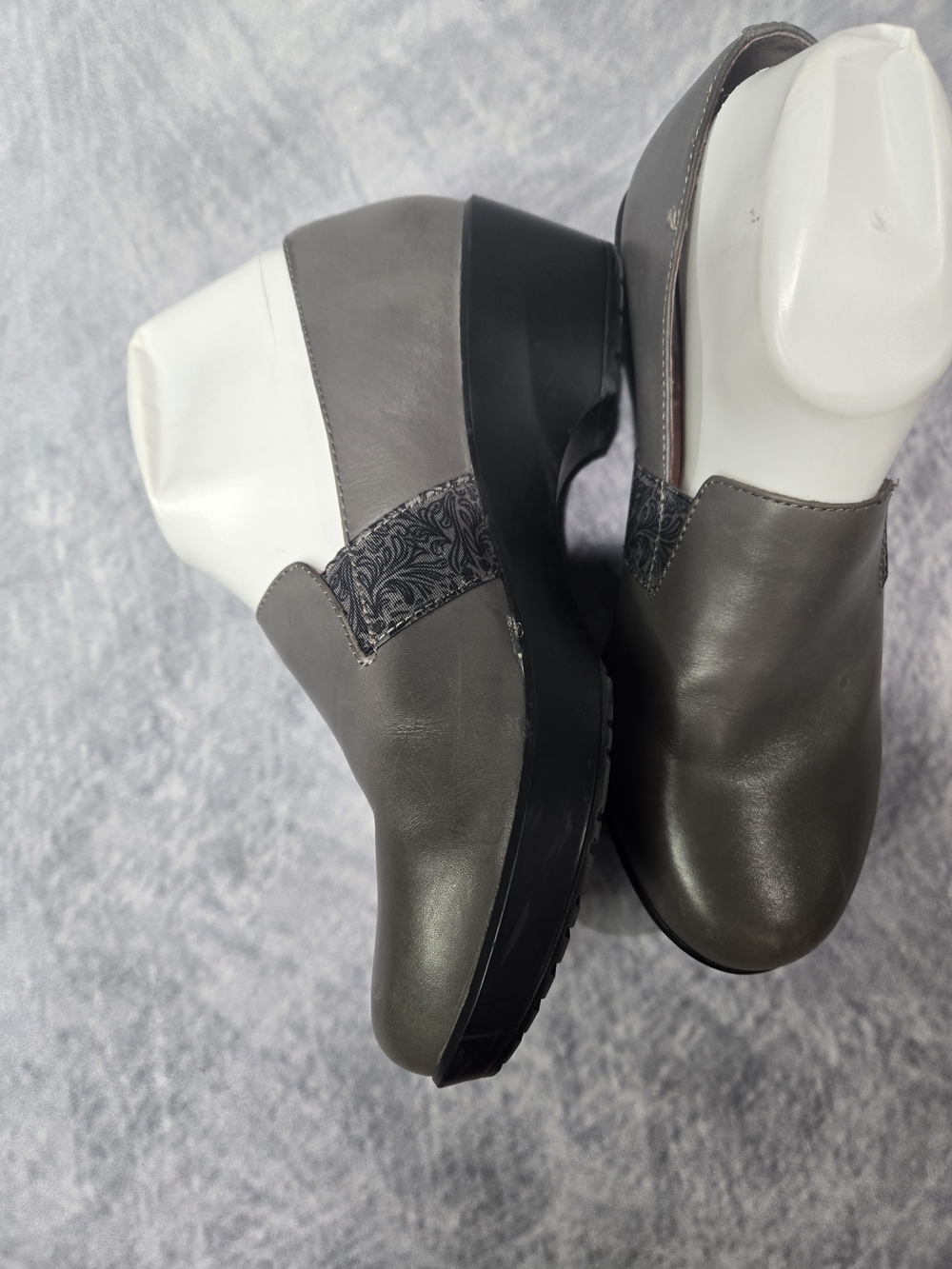 Dansko Women's Gray Leather Slip-On Clogs with Patterned Elastic